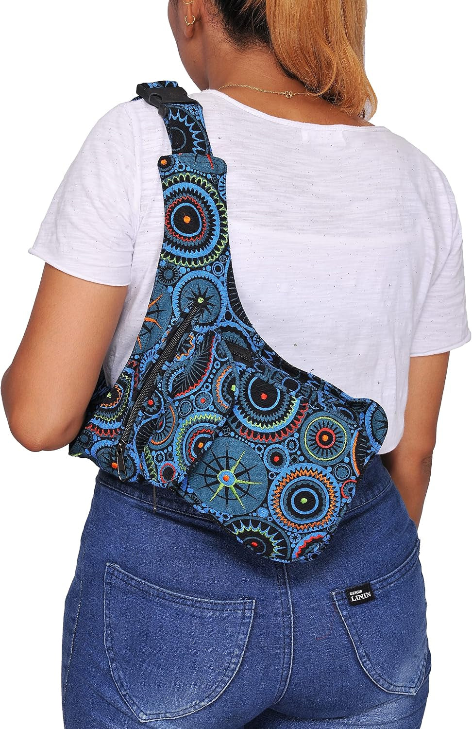 Handmade Festival Waistpack Boho Hippie Waist Bag Hip Bum Running Belt Fanny Pack Travel Utility Belt (Black-Turq)
