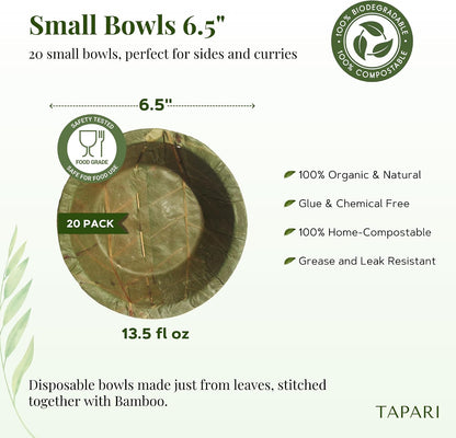 TAPARI Small Disposable Bowls - 20 Pack Small Leaf Bowls - 6 Inch - Sturdy & Eco-Friendly - Home Compostable & Biodegradable Bowls for Parties - Bowl for Soup, Hot & Cold Food - Sal Leaf - 10 Fl Oz