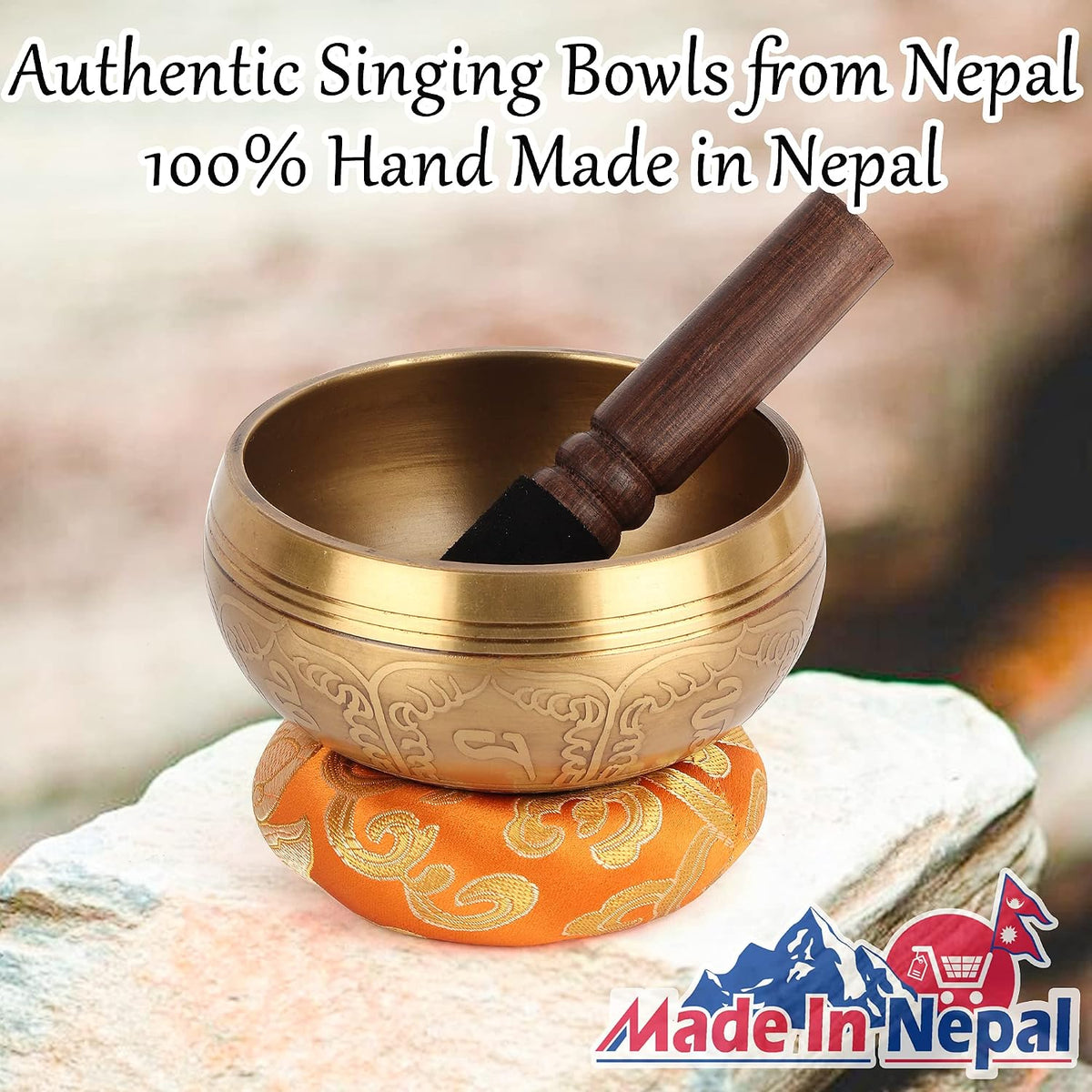 Tibetan Singing Bowls Set-Hand-Hammered in Nepal Sound Bowl for Meditation, Yoga, Chakra, Meditation Accessories, Stress Relief Tool and Unique Gifts for Women, Men (Yellow, 4 Inch)