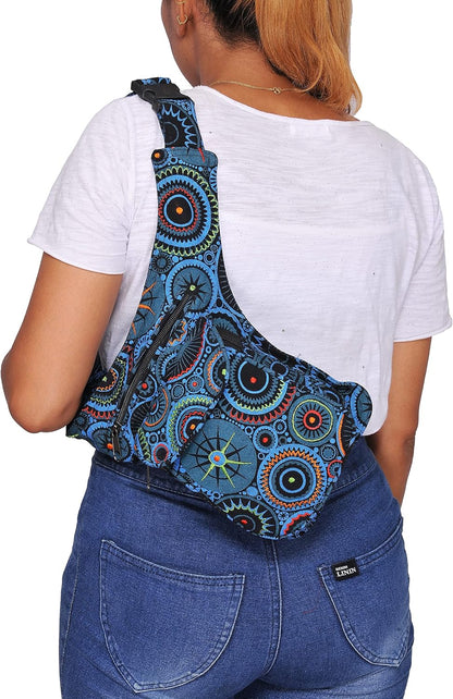 Handmade Festival Waistpack Boho Hippie Waist Bag Hip Bum Running Belt Fanny Pack Travel Utility Belt (Black-Turq)