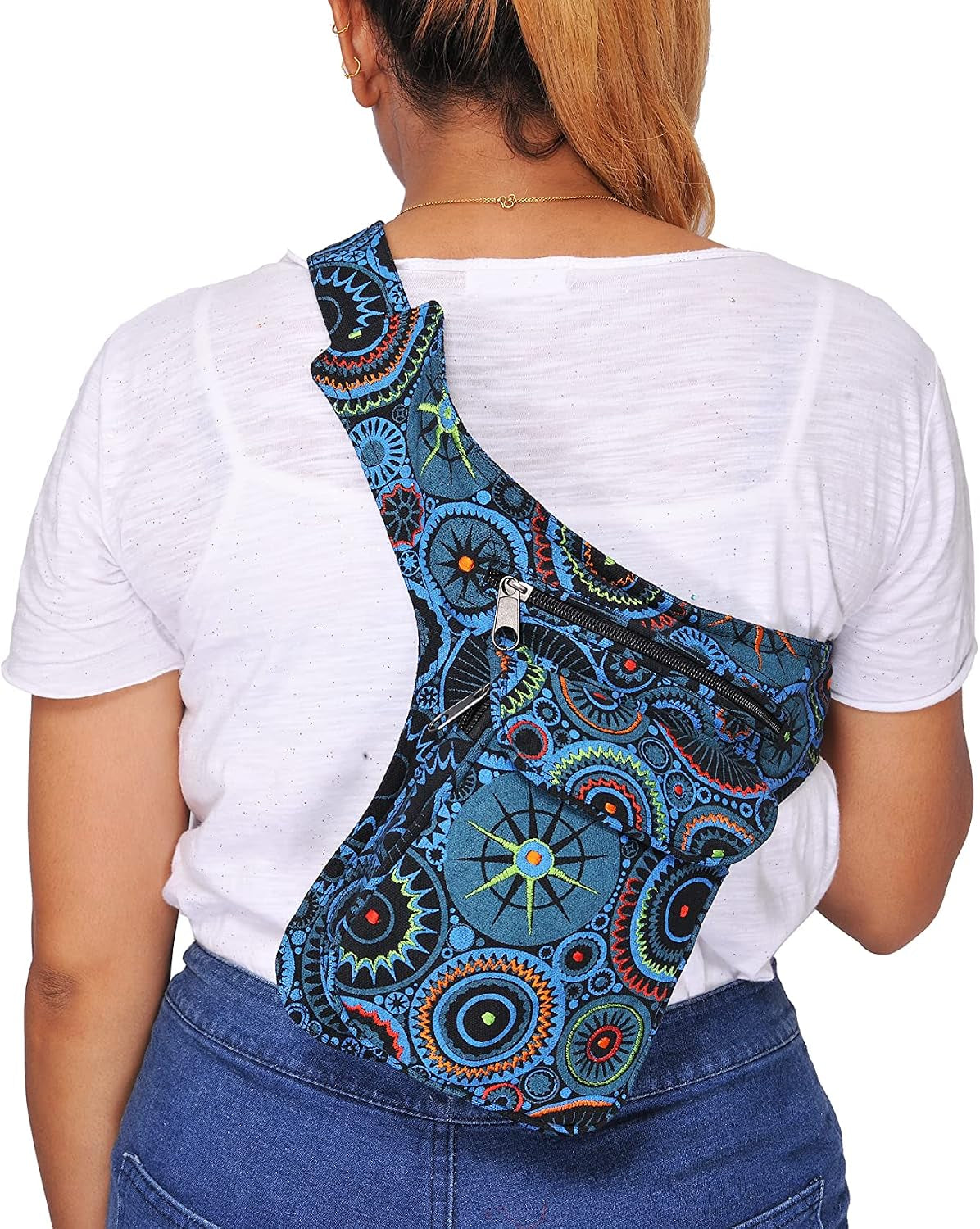 Handmade Festival Waistpack Boho Hippie Waist Bag Hip Bum Running Belt Fanny Pack Travel Utility Belt (Black-Turq)