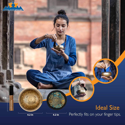 Tibetan Singing Bowl Set with Holy Buddhist Mantra and Sacred Third Eye Symbol from Nepal~ Antique Design Suitable for Yoga, Meditation, Sound Healing & Chakra Balancing~
