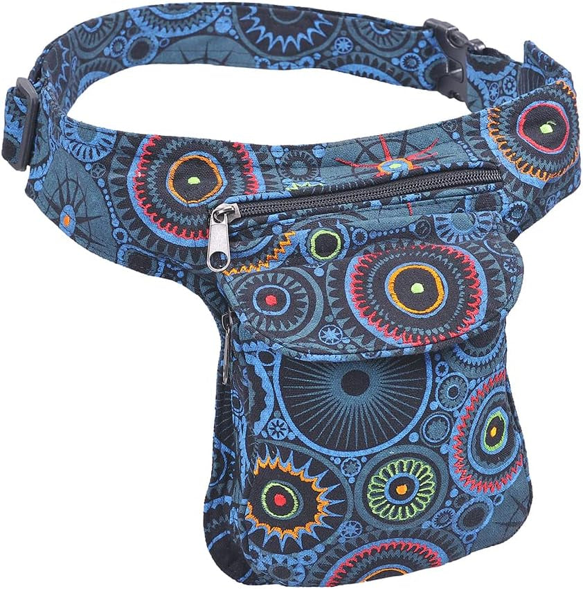 Handmade Festival Waistpack Boho Hippie Waist Bag Hip Bum Running Belt Fanny Pack Travel Utility Belt (Black-Turq)