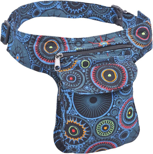 Handmade Festival Waistpack Boho Hippie Waist Bag Hip Bum Running Belt Fanny Pack Travel Utility Belt (Black-Turq)