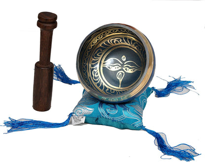 Tibetan Singing Bowl Set by  - with Traditional Design Tibetan Buddhist Prayer Flag - Handmade in Nepal (Blue)