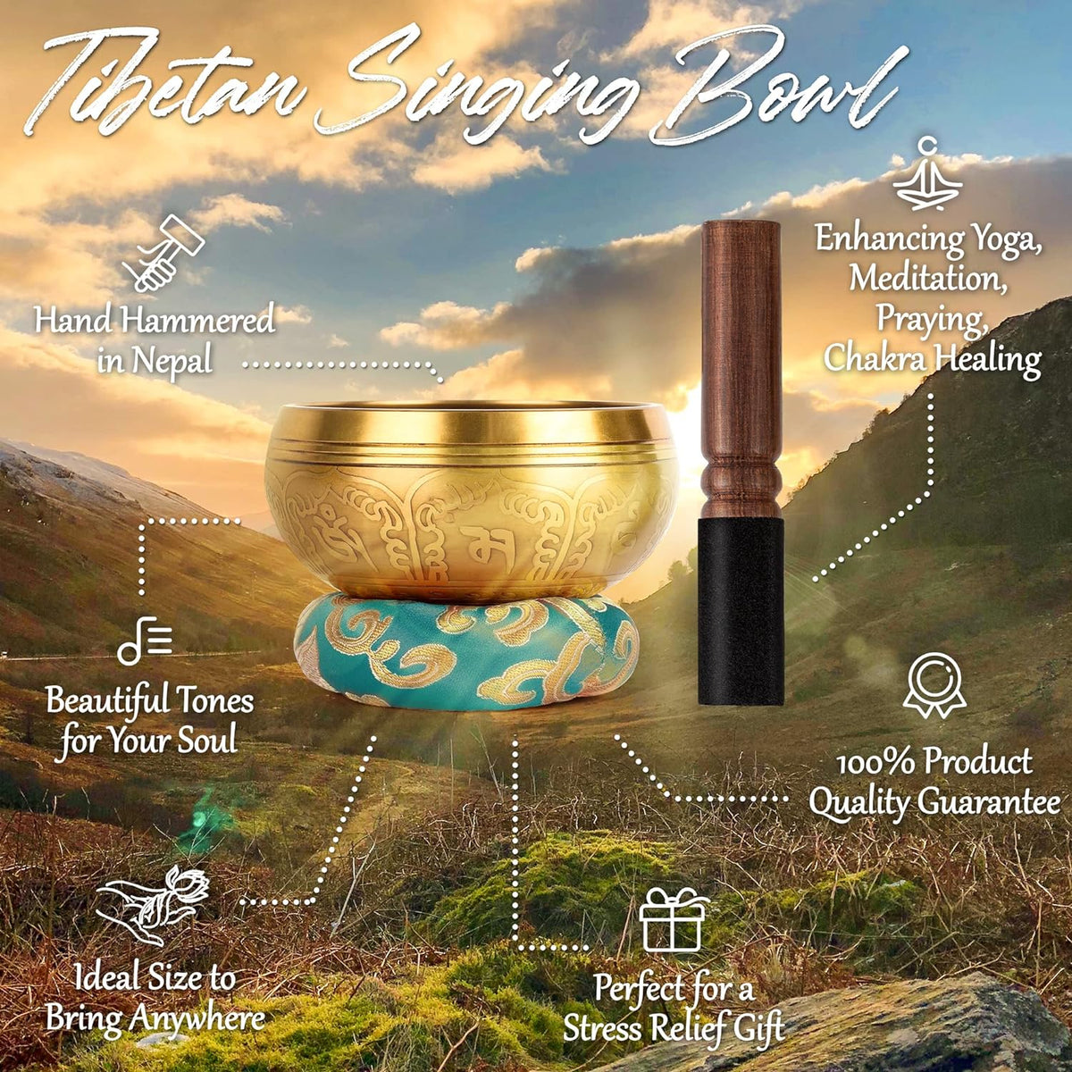 2-Pack Tibetan Singing Bowls Set - 100% Handmade in Nepal, Sound Bowl Meditation Set for Yoga, Chakra Healing, Meditation Gifts, Unique Gifts for Women (Blue, 3.15 + 4 Inch)
