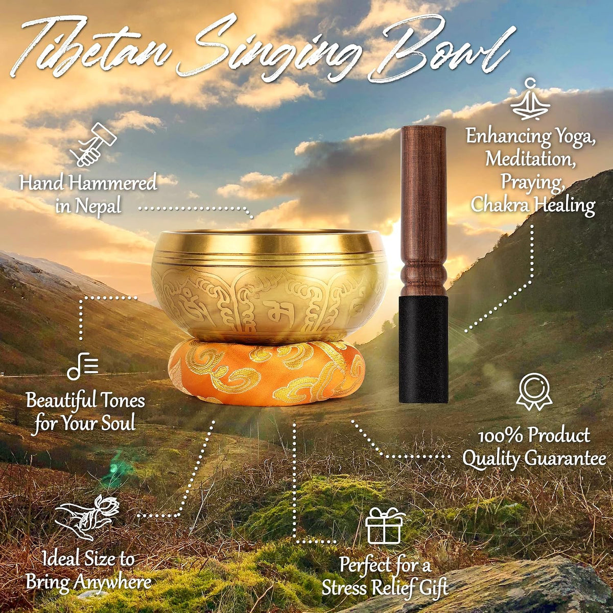 Tibetan Singing Bowls Set-Hand-Hammered in Nepal Sound Bowl for Meditation, Yoga, Chakra, Meditation Accessories, Stress Relief Tool and Unique Gifts for Women, Men (Yellow, 4 Inch)