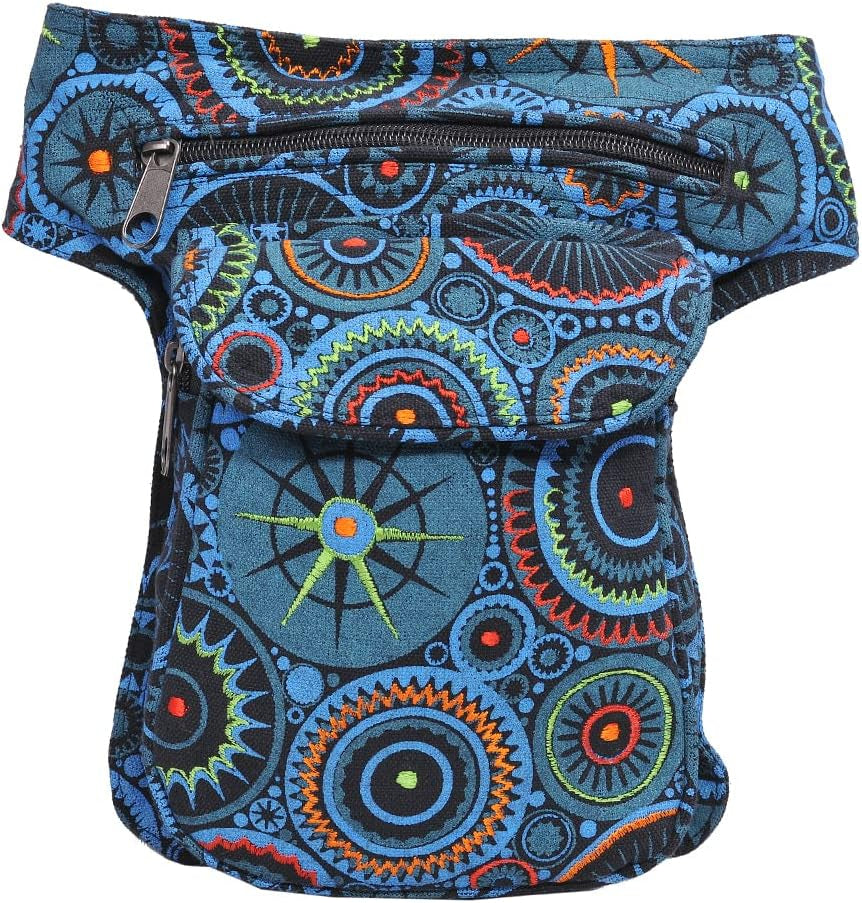 Handmade Festival Waistpack Boho Hippie Waist Bag Hip Bum Running Belt Fanny Pack Travel Utility Belt (Black-Turq)