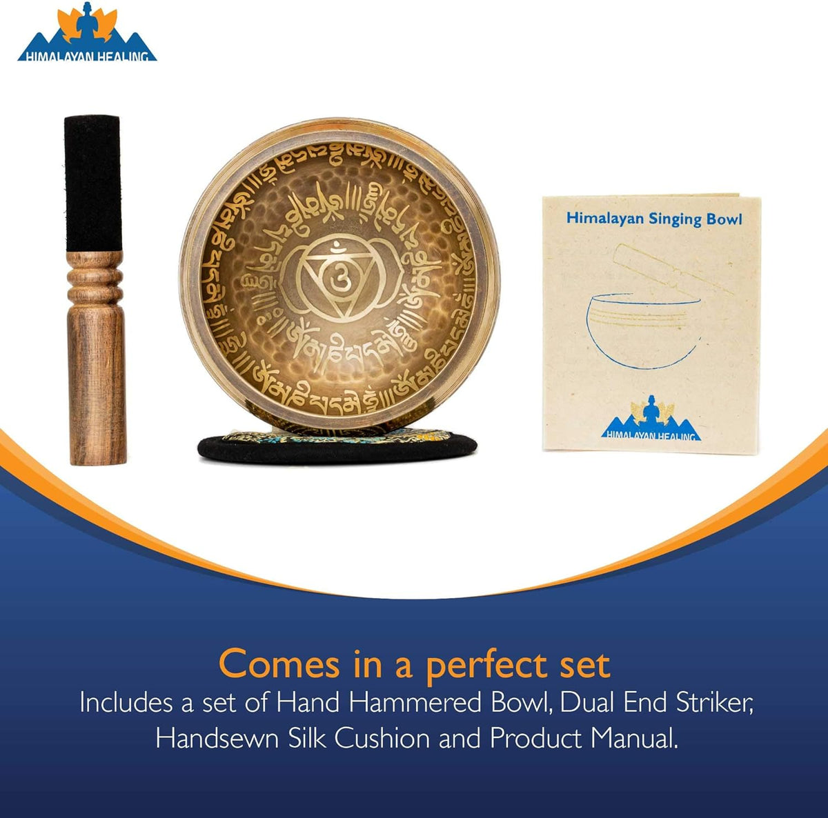 Tibetan Singing Bowl Set with Holy Buddhist Mantra and Sacred Third Eye Symbol from Nepal~ Antique Design Suitable for Yoga, Meditation, Sound Healing & Chakra Balancing~