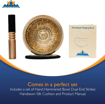 Tibetan Singing Bowl Set with Holy Buddhist Mantra and Sacred Third Eye Symbol from Nepal~ Antique Design Suitable for Yoga, Meditation, Sound Healing & Chakra Balancing~