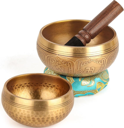 2-Pack Tibetan Singing Bowls Set - 100% Handmade in Nepal, Sound Bowl Meditation Set for Yoga, Chakra Healing, Meditation Gifts, Unique Gifts for Women (Blue, 3.15 + 4 Inch)