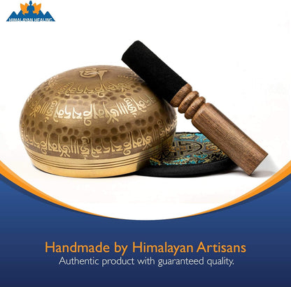 Tibetan Singing Bowl Set with Holy Buddhist Mantra and Sacred Third Eye Symbol from Nepal~ Antique Design Suitable for Yoga, Meditation, Sound Healing & Chakra Balancing~