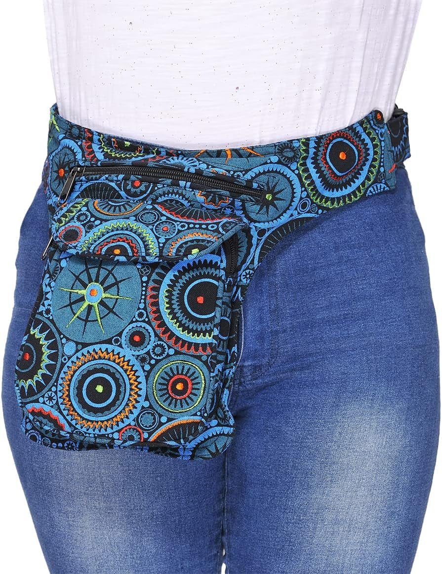 Handmade Festival Waistpack Boho Hippie Waist Bag Hip Bum Running Belt Fanny Pack Travel Utility Belt (Black-Turq)