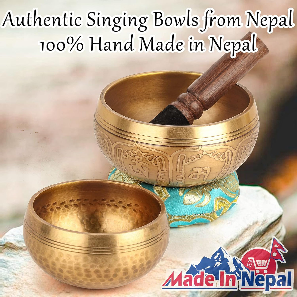 2-Pack Tibetan Singing Bowls Set - 100% Handmade in Nepal, Sound Bowl Meditation Set for Yoga, Chakra Healing, Meditation Gifts, Unique Gifts for Women (Blue, 3.15 + 4 Inch)