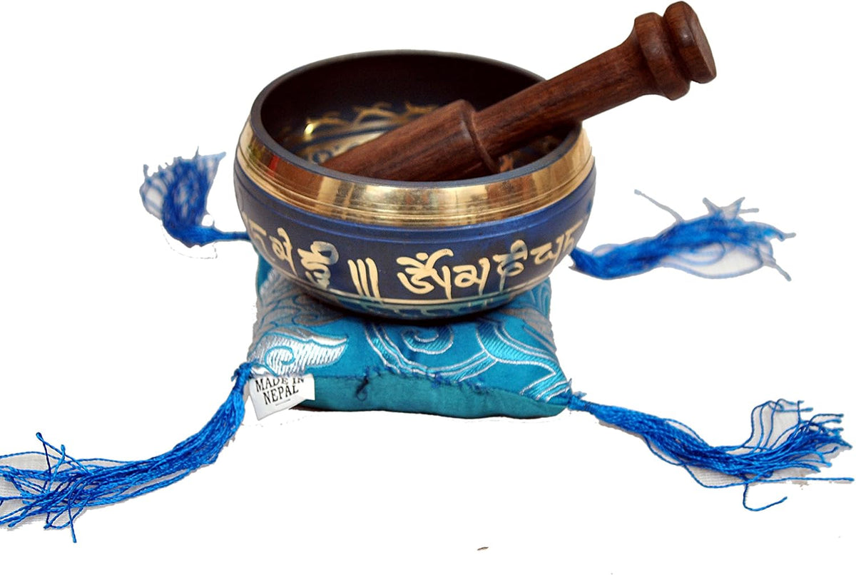 Tibetan Singing Bowl Set by  - with Traditional Design Tibetan Buddhist Prayer Flag - Handmade in Nepal (Blue)
