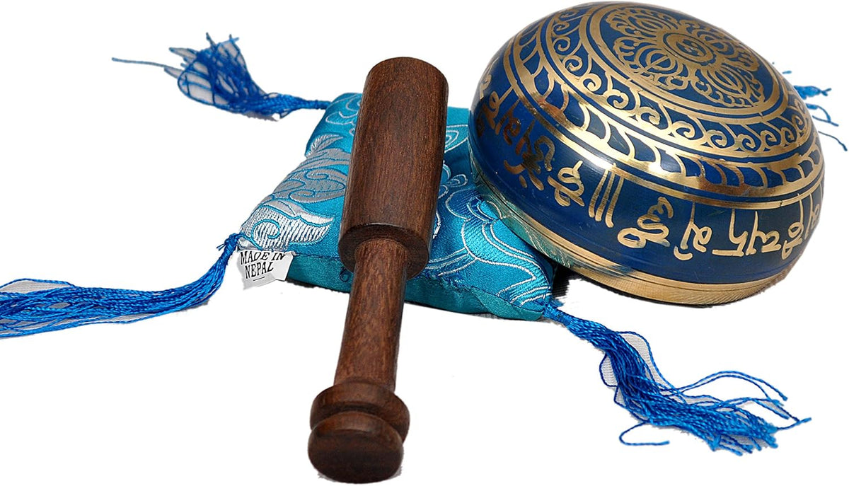 Tibetan Singing Bowl Set by  - with Traditional Design Tibetan Buddhist Prayer Flag - Handmade in Nepal (Blue)