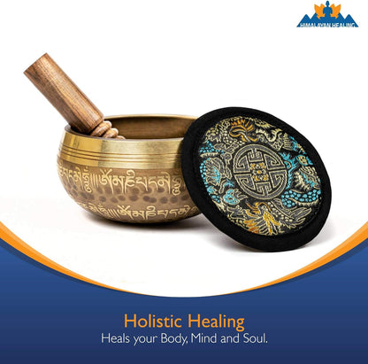 Tibetan Singing Bowl Set with Holy Buddhist Mantra and Sacred Third Eye Symbol from Nepal~ Antique Design Suitable for Yoga, Meditation, Sound Healing & Chakra Balancing~